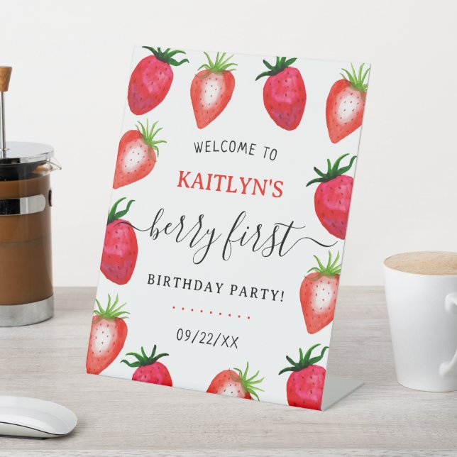 Sweet Strawberry Berry First 1st Birthday Welcome Pedestal Sign (In SItu)