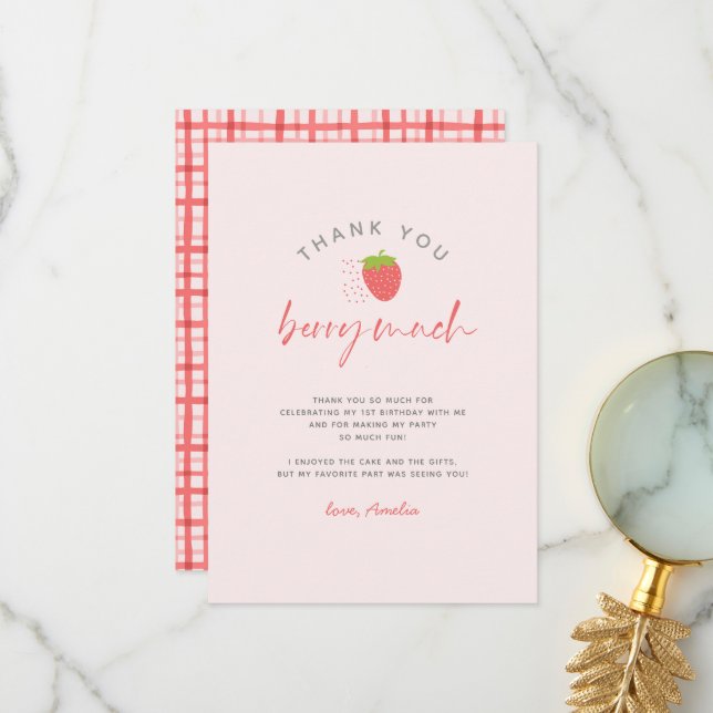 Sweet Strawberry Berry Much Script Birthday Thank You Card (Front/Back In Situ)