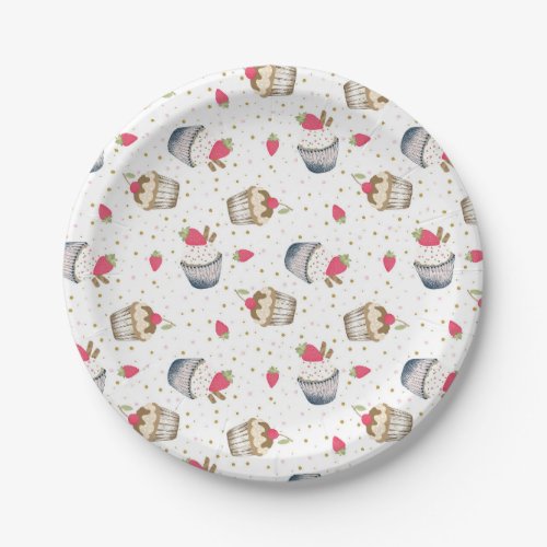 Sweet Strawberry Cupcake Pattern Paper Plate