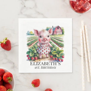 Sweet Strawberry Farm Pig Girl 1st. Birthday Party Napkins