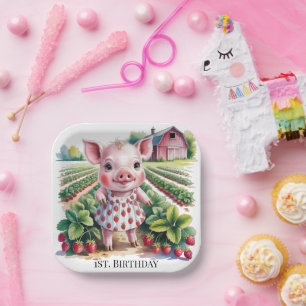 Sweet Strawberry Farm Pig Girl 1st. Birthday Party Paper Plates