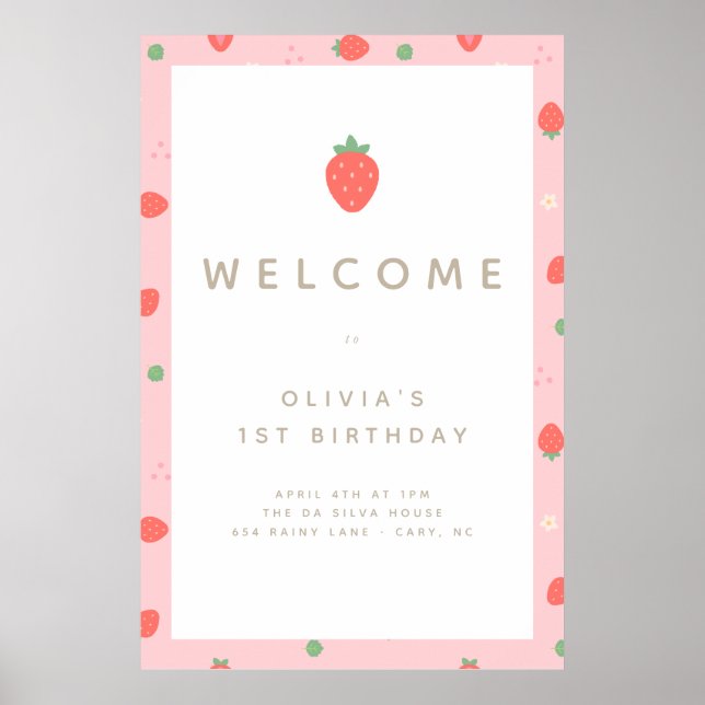 Sweet Strawberry First Birthday Poster (Front)