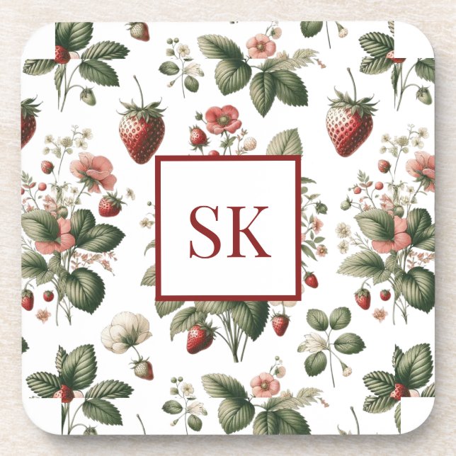 Sweet Strawberry & Floral Pattern Custom Monogram Beverage Coaster (Front)