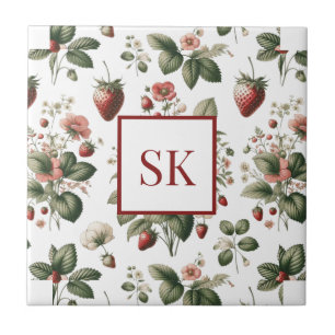 Sweet Strawberry & Floral Pattern Custom Monogram Ceramic Tile