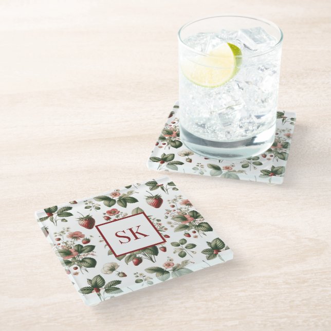Sweet Strawberry & Floral Pattern Custom Monogram Glass Coaster (Angled)