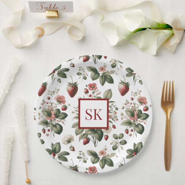 Sweet Strawberry & Floral Pattern Custom Monogram Paper Plates (Wedding)