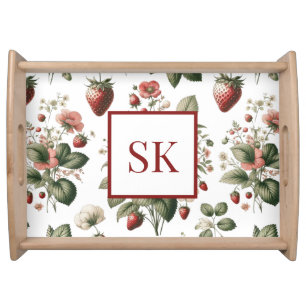 Sweet Strawberry & Floral Pattern Custom Monogram Serving Tray