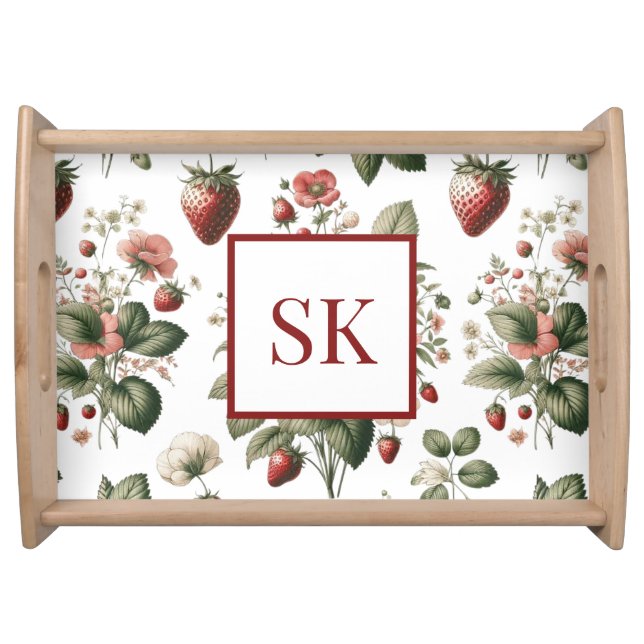 Sweet Strawberry & Floral Pattern Custom Monogram Serving Tray (Front)