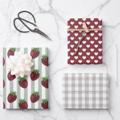 Sweet Strawberry Gingham Love Wrapping Paper Sheet