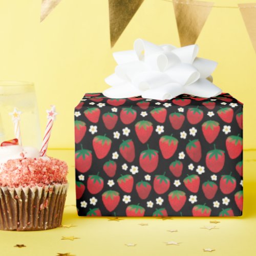 Sweet Strawberry Pattern on Black Wrapping Paper