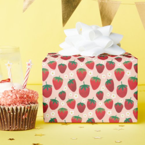 Sweet Strawberry Pattern on Blush Wrapping Paper
