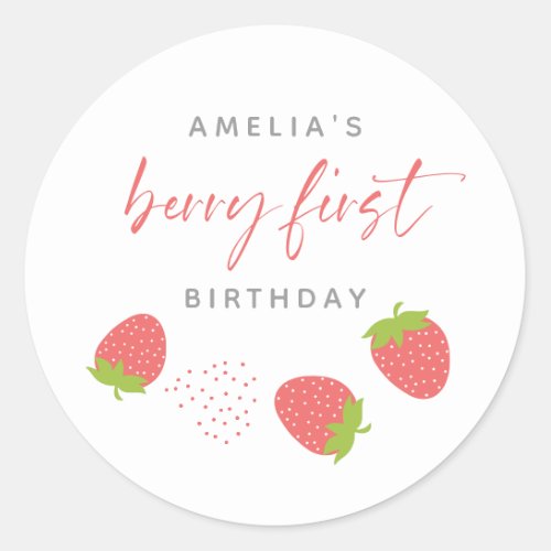 Sweet Strawberry Script Berry First Birthday Classic Round Sticker
