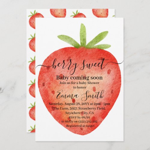 Sweet Strawberry Watercolor Baby Shower Invitation