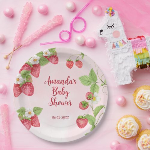Sweet Strawberry Watercolor Baby Shower Paper Plates