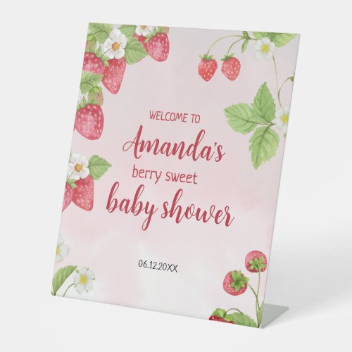 Sweet Strawberry Watercolor Baby Shower Pedestal Sign