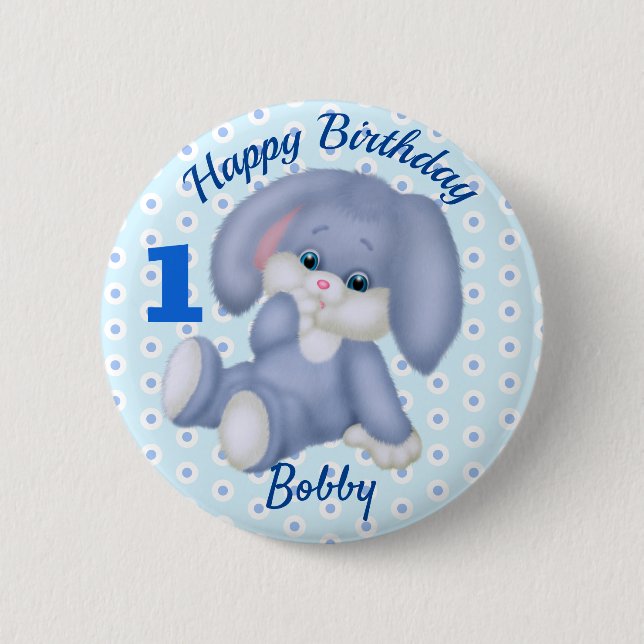 Sweet Stuffed Bunny Boys 1st Birthday Name Age Button (Front)