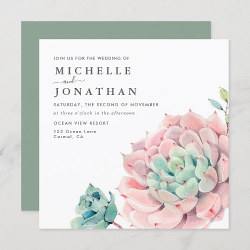 Sweet Succulents Pink Green Wedding  Invitation