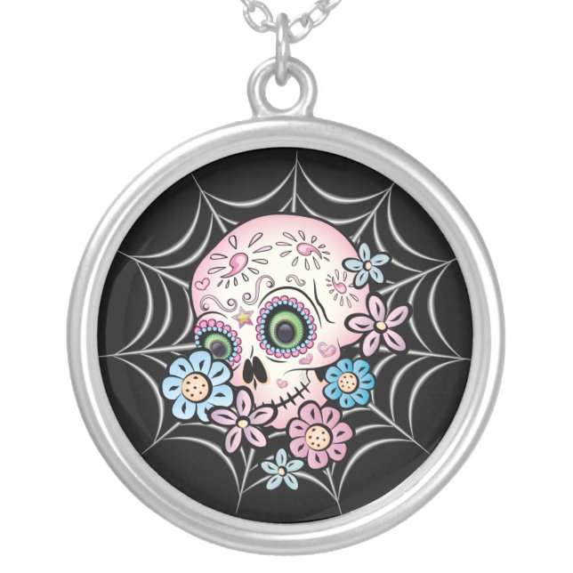 Sweet Sugar Skull Silver Plated Necklace (Front)