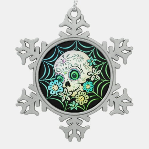 Sweet Sugar Skull Snowflake Pewter Christmas Ornament