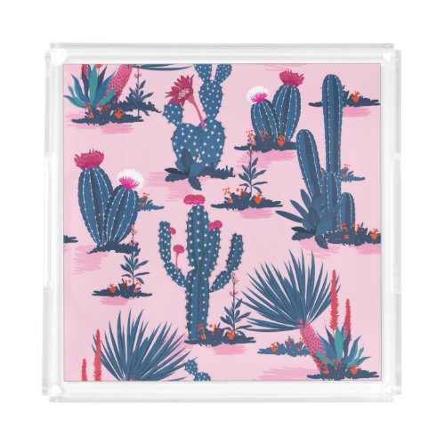 Sweet Summer Cactus Blooming Pattern Acrylic Tray