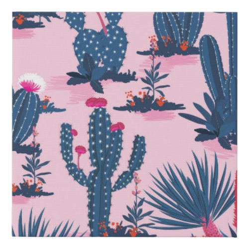 Sweet Summer Cactus Blooming Pattern Faux Canvas Print