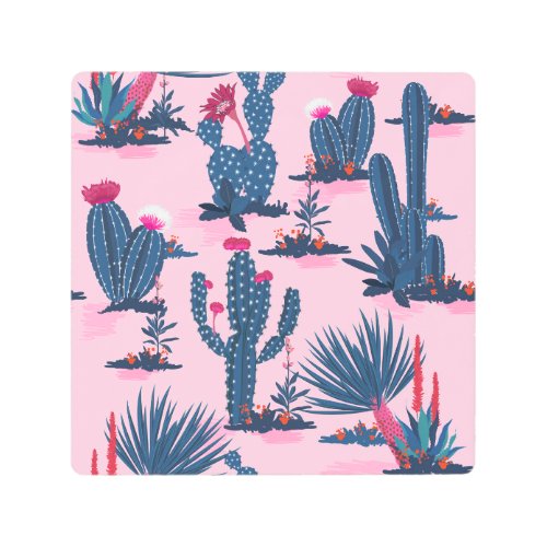 Sweet Summer Cactus Blooming Pattern Metal Print