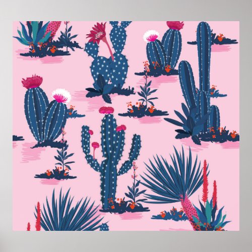 Sweet Summer Cactus Blooming Pattern Poster