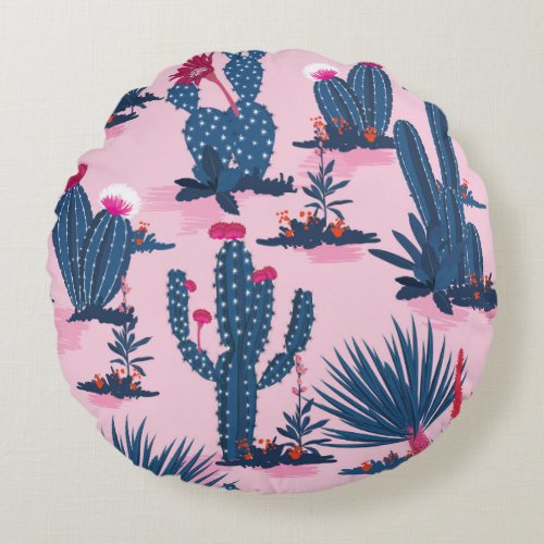 Sweet Summer Cactus Blooming Pattern Round Pillow