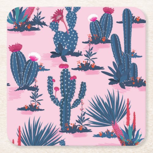 Sweet Summer Cactus Blooming Pattern Square Paper Coaster