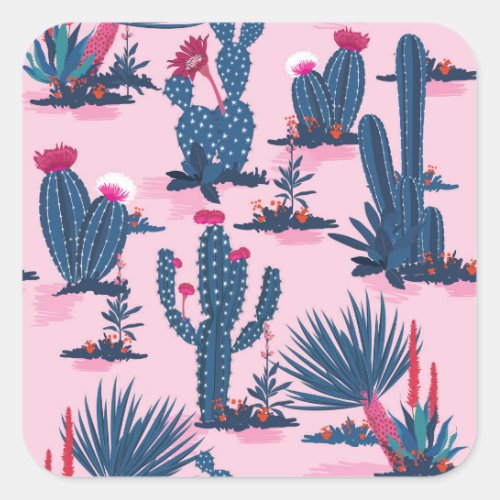 Sweet Summer Cactus Blooming Pattern Square Sticker