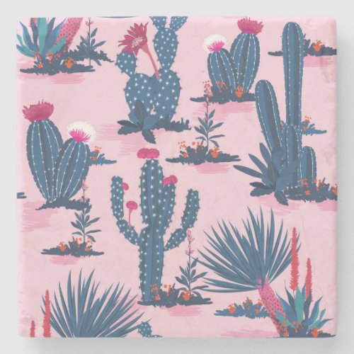 Sweet Summer Cactus Blooming Pattern Stone Coaster