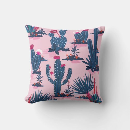 Sweet Summer Cactus Blooming Pattern Throw Pillow