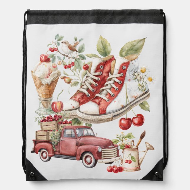 Sweet Summer Cherries Denim Jacket Drawstring Bag (Front)