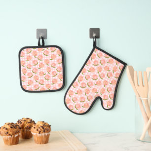 Sweet Summer Peach Pattern Oven Mitt & Pot Holder Set