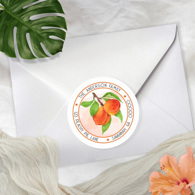 Sweet Summer Peaches Circle Return Address Classic Round Sticker (Everything is coming up peaches in this watercolor peach branch return address envelope seal design.)