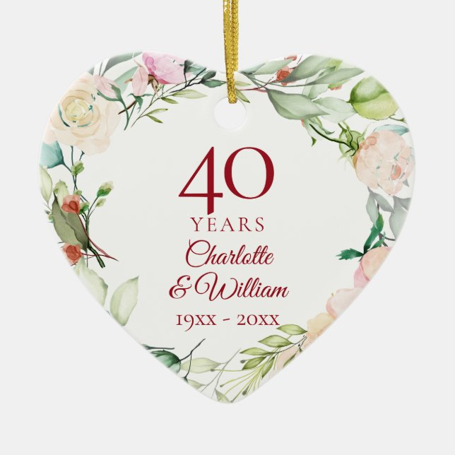 Sweet Summer Roses Garland 40th Anniversary Ceramic Ornament (Front)