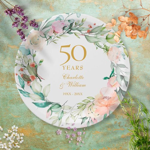 Sweet Summer Roses Garland 50th Anniversary Paper Plates