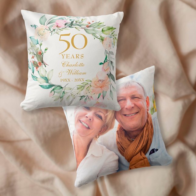 Sweet Summer Roses Garland 50th Anniversary Photo Throw Pillow (Creator Uploaded)