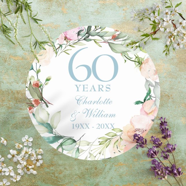 Sweet Summer Roses Garland 60th / 75th Anniversary Classic Round Sticker (Sweet Summer Roses Garland 60th / 75th Anniversary Classic Round Sticker)