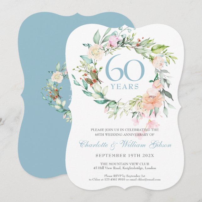 Sweet Summer Roses Garland 60th / 75th Anniversary Invitation (Front/Back)