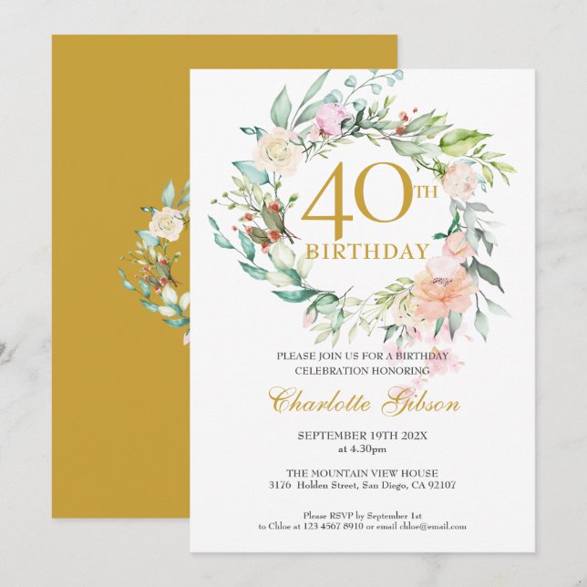 Sweet Summer Roses Garland Monogram 40th Birthday Invitation (Front/Back)