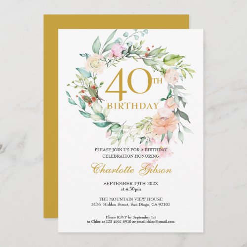 Sweet Summer Roses Garland Monogram 40th Birthday Invitation