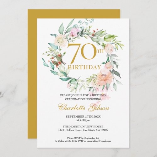 Sweet Summer Roses Garland Monogram 70th Birthday Invitation