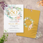 Sweet Summer Roses Garland Monogram 80th Birthday Invitation<br><div class="desc">Featuring a delicate watercolour floral garland,  this chic botanical 80th birthday invitation can be personalised with your special day information. The reverse features a matching floral garland framing your monogram initials in elegant gold text on a golden background. Designed by Thisisnotme©</div>