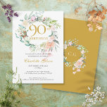 Sweet Summer Roses Garland Monogram 90th Birthday Invitation<br><div class="desc">Featuring a delicate watercolour floral garland,  this chic botanical 90th birthday invitation can be personalised with your special day information. The reverse features a matching floral garland framing your monogram initials in elegant gold text on a golden background. Designed by Thisisnotme©</div>
