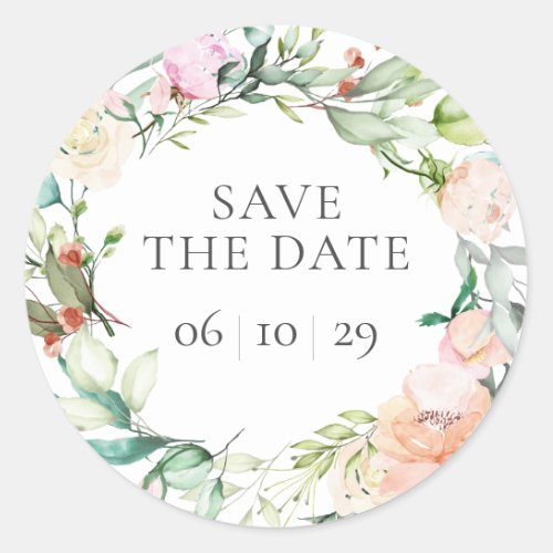 Sweet Summer Roses Garland Save the Date Classic Round Sticker