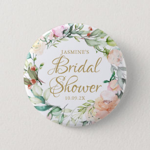 Sweet summer roses gold script bridal shower button