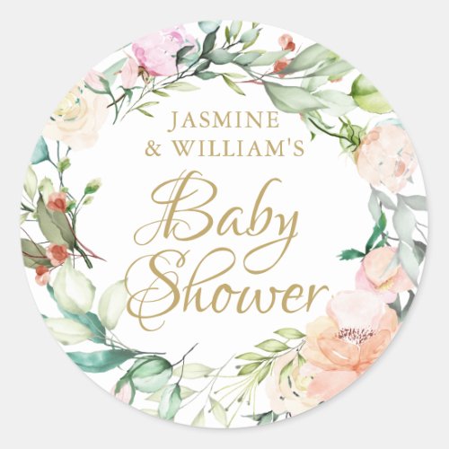 Sweet summer roses gold script couples baby shower classic round sticker