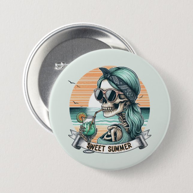 Sweet Summer Skeleton Retro Sunset Design Button (Front & Back)