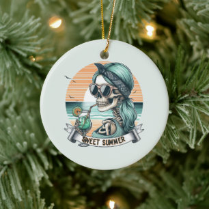 Sweet Summer Skeleton Retro Sunset Design Ceramic Ornament